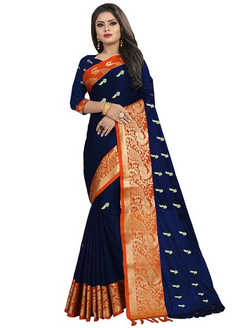 Contrast woven saree with blouse - 16231340 - Very Small Image - 1