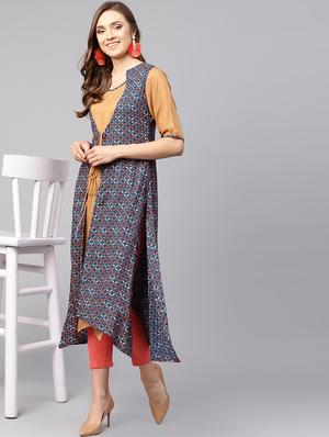 solid kurta with geometrical printed jacket - 16231943 - Standard Image - 4