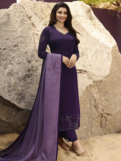 embroidered semi-stitched suit - 16233582 - Standard Image - 1