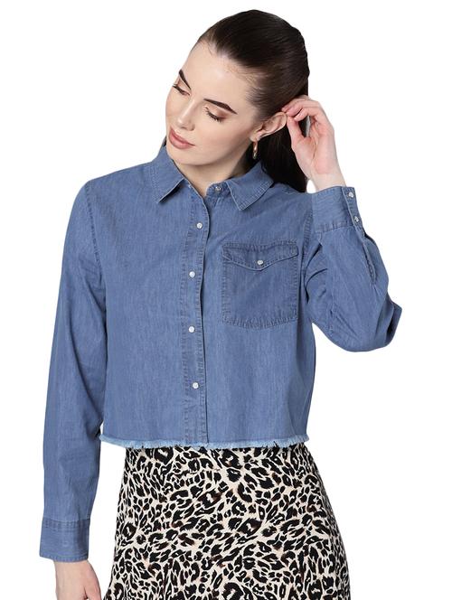 frayed hem denim crop shirt - 16235236 - Standard Image - 1