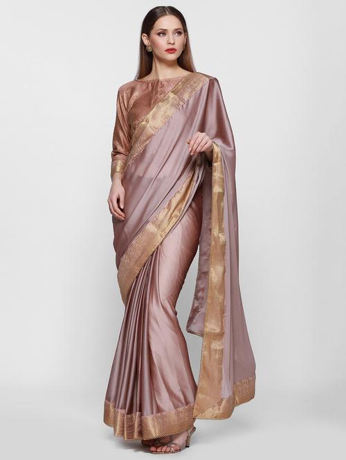 Bordered solid saree with blouse - 16235898 - Standard Image - 1