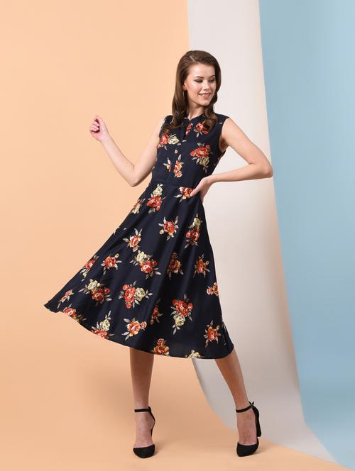 mandarin neck floral flared dress - 16237066 - Standard Image - 1