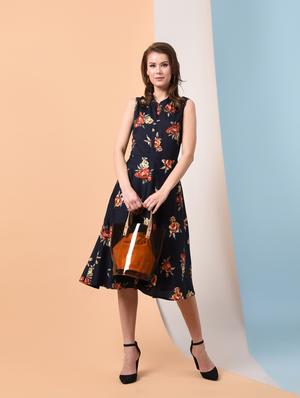 mandarin neck floral flared dress - 16237066 - Standard Image - 4