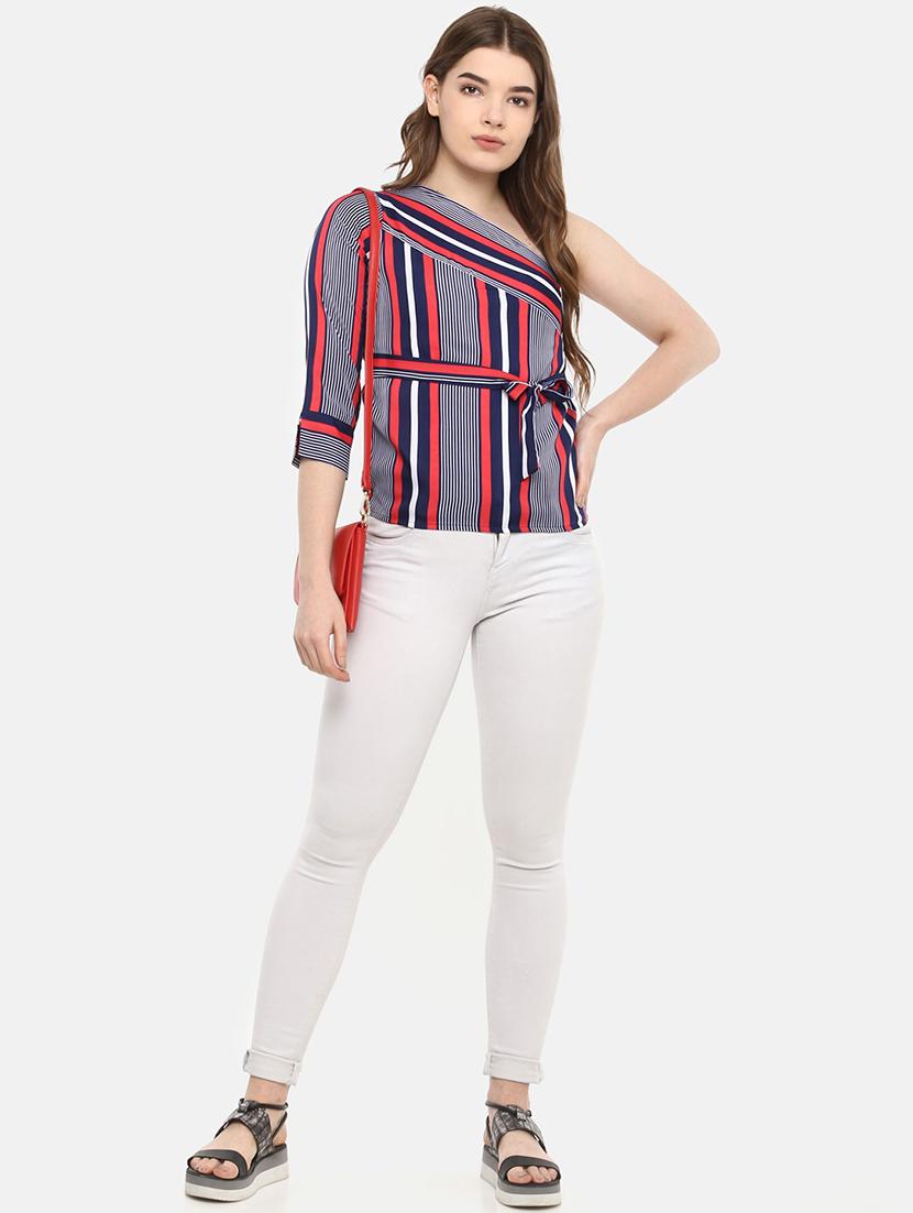 tie front striped single shoulder top - 16244621 - Zoom Image - 4