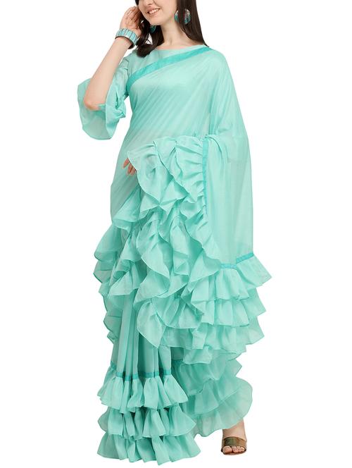 Ruffle bordered fusion saree with blouse - 16245618 - Standard Image - 1