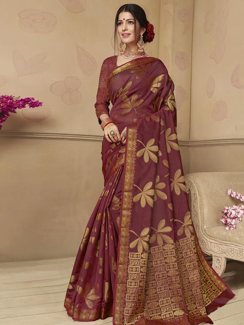 floral zari motif woven saree with blouse - 16246117 - Very Small Image - 1