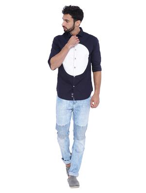 navy blue color block casual shirt - 16265241 - Standard Image - 4