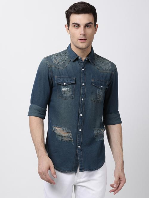 blue denim casual shirt - 16265263 - Standard Image - 1