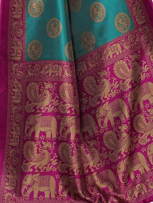 turquoise art silk printed saree with blouse - 16281960 - Standard Image - 4