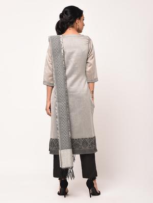 jacquard motif kurta pant dupatta suit set - 16283632 - Standard Image - 4