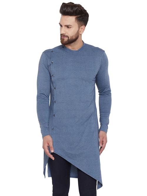 blue cotton blend asymmetric kurta - 16298546 - Standard Image - 1