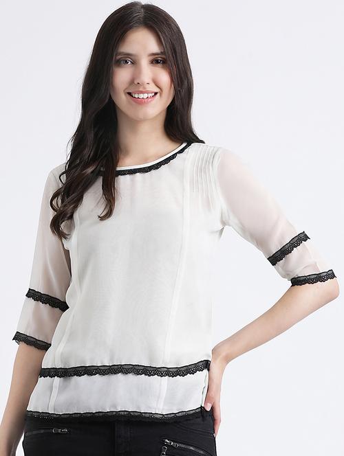 contrast lace trim top - 16298773 - Standard Image - 1