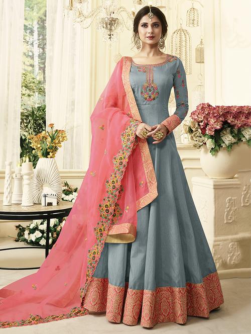 embroidered semi-stitched anarkali suit - 16305072 - Standard Image - 1
