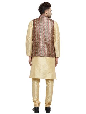 gold silk blend kurta pyjama set with nehru jacket - 16315922 - Standard Image - 4