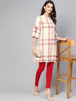 bell sleeves checkered a-line kurti - 16330403 - Standard Image - 4