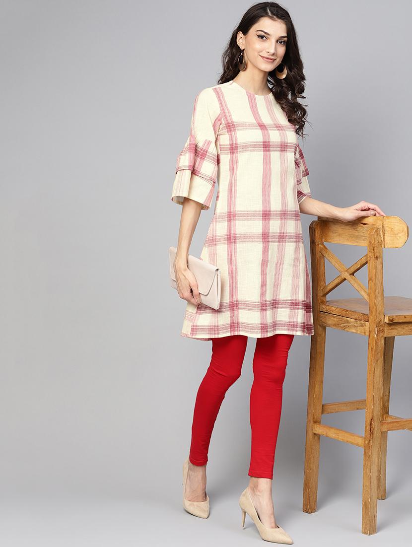 bell sleeves checkered a-line kurti - 16330403 - Zoom Image - 4
