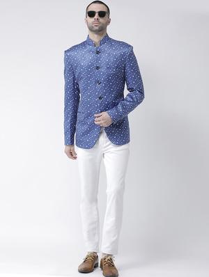 blue printed bandhgala casual blazer - 16350402 - Standard Image - 4