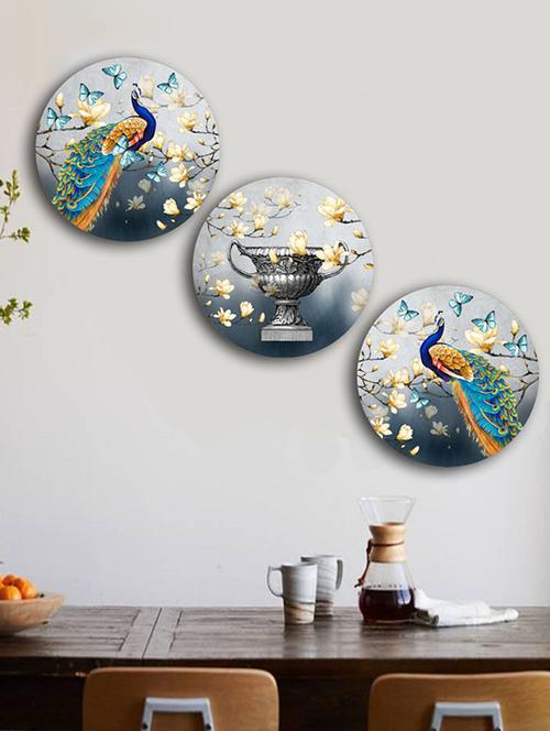 Studio Shubham wooden Floral Peacock wall plates for hanging(Set of 3) - 16351112 - Standard Image - 1