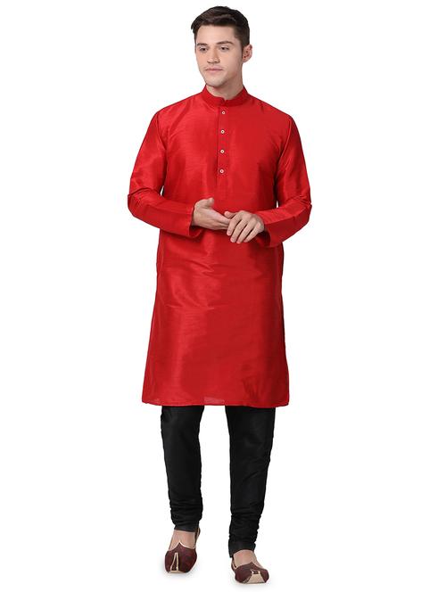 red solid silk blend long kurta - 16354767 - Standard Image - 1