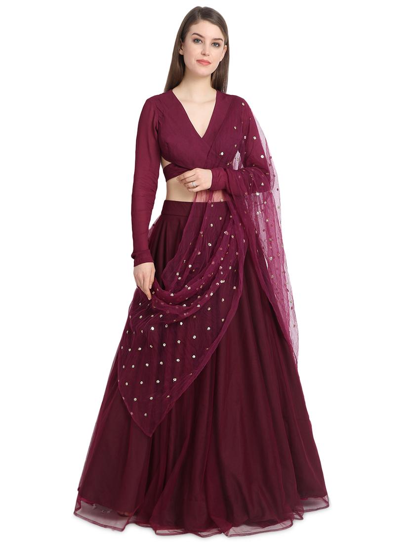 wine solid a-line lehenga - 16358810 - Zoom Image - 4