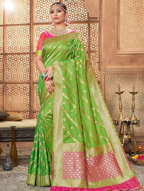 floral zari motif banarasi saree with blouse - 16362307 - Very Small Image - 1