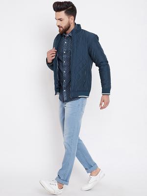 navy blue solid quilted jacket - 16396877 - Standard Image - 4