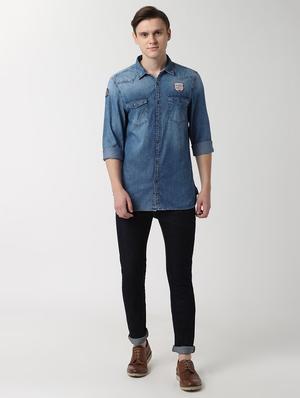 blue solid denim casual shirt - 16402739 - Standard Image - 4