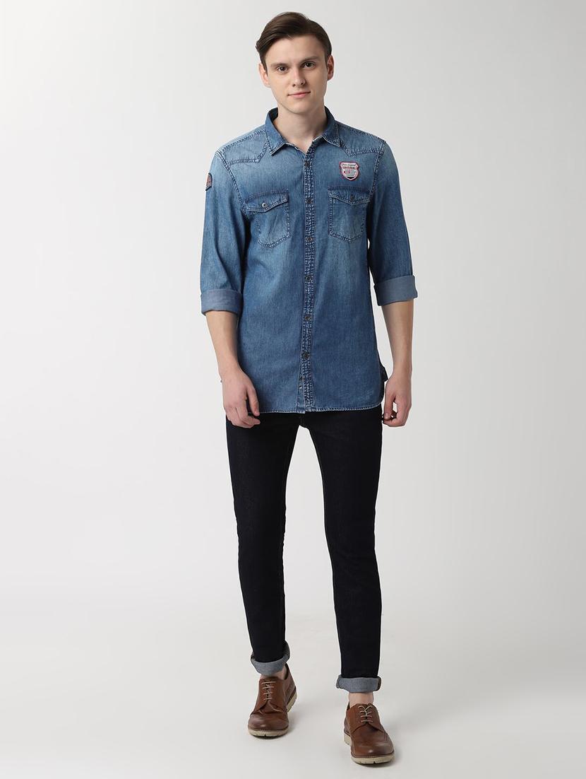 blue solid denim casual shirt - 16402739 - Zoom Image - 4
