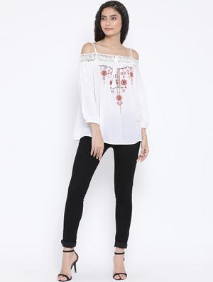 cold shoulder lace detail embroidered top - 16406970 - Standard Image - 4