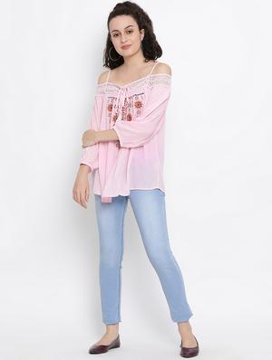 cold shoulder lace detail embroidered top - 16406972 - Standard Image - 4