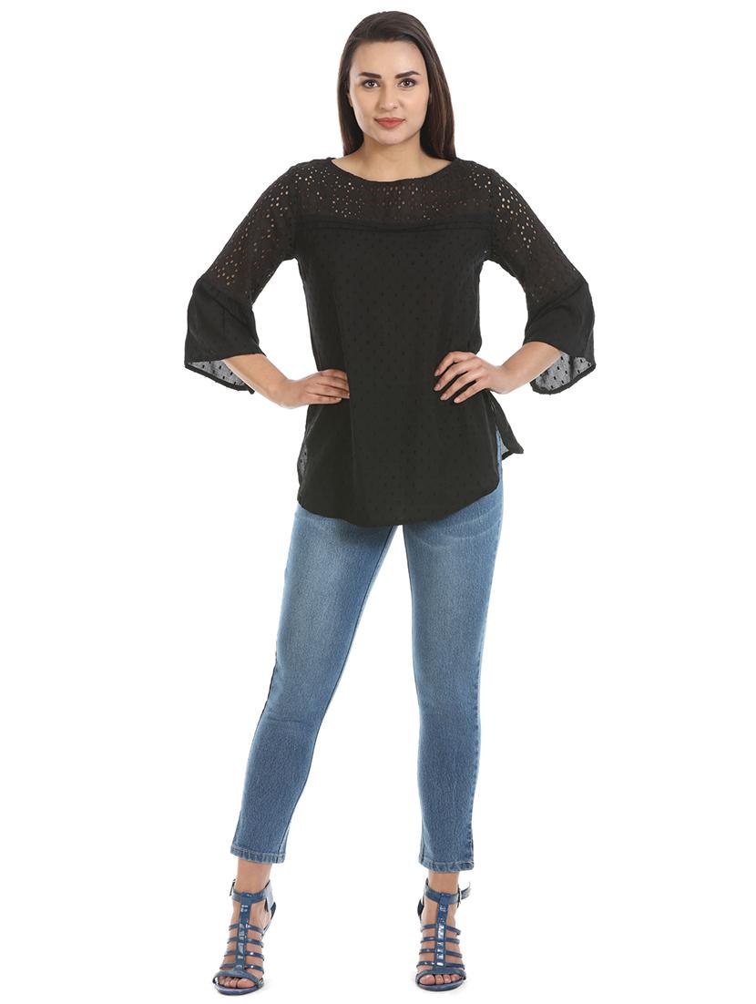 bell sleeved schiffli detail dobby top - 16417512 - Zoom Image - 4