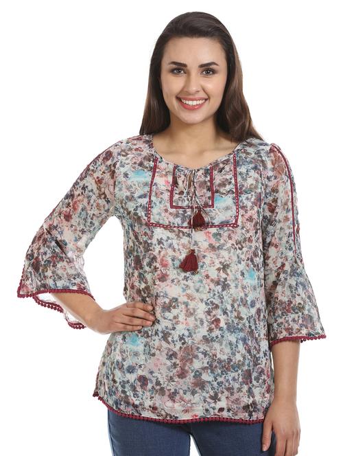tassel tie up lace detail floral top - 16417515 - Standard Image - 1