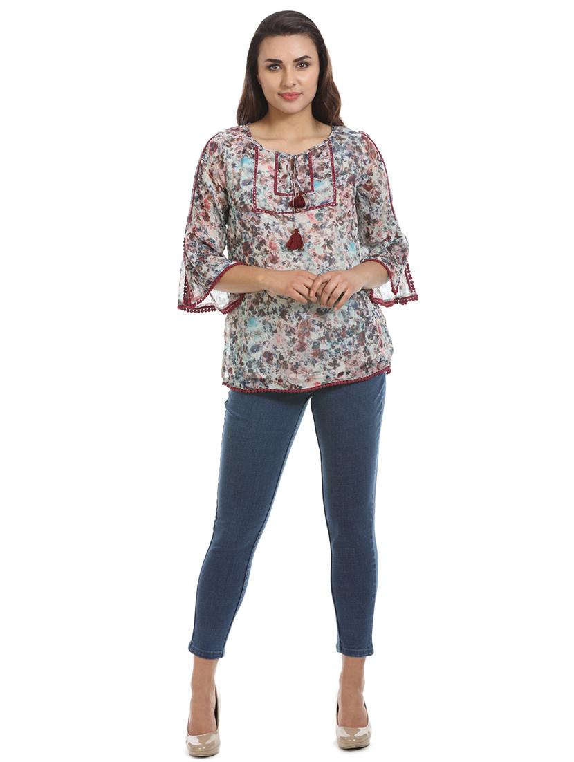 tassel tie up lace detail floral top - 16417515 - Zoom Image - 4