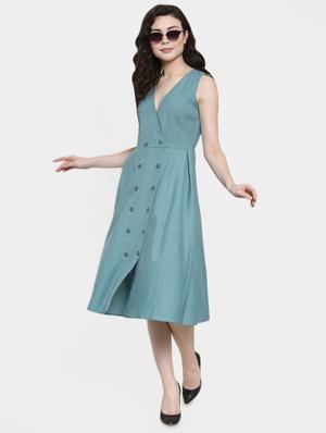 overlap neck button detail a-line dress - 16431835 - Standard Image - 4