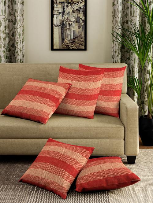 NEUDIS Jacquard Twill Cotton Cushion Cover - Set of 5 - Red Yellow - 16" X 16" - 40 X 40 Cms - 16432855 - Very Small Image - 1