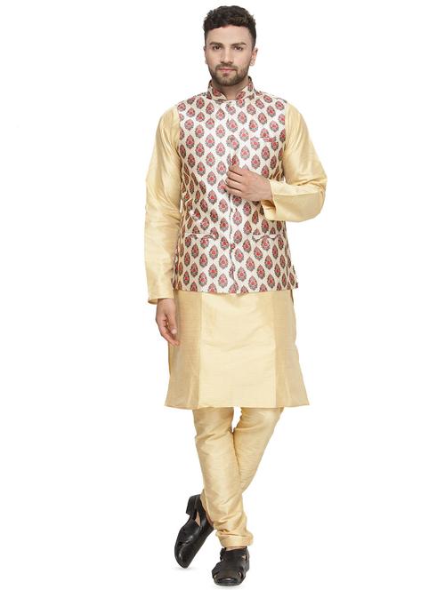 beige solid kurta pyjama set with printed nehru jacket - 16442297 - Standard Image - 1
