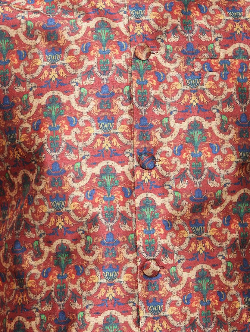 red solid kurta pyjama set with red printed nehru jacket - 16442302 - Zoom Image - 4
