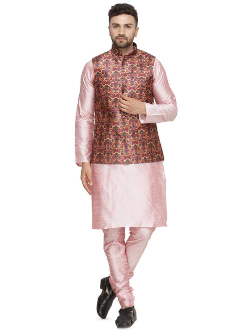 pink solid kurta pyjama set with red printed nehru jacket - 16442315 - Standard Image - 1