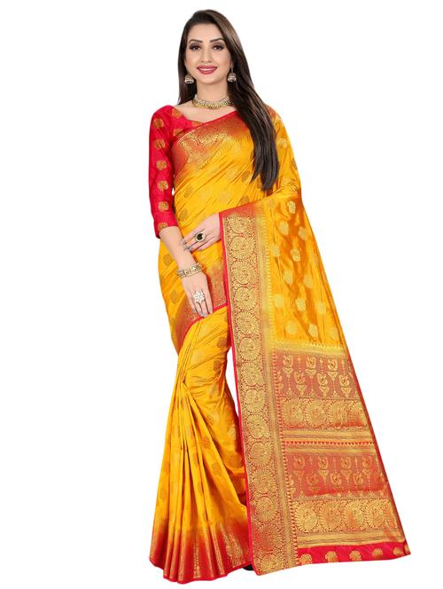 contrast kanjivaram saree with blouse - 16449879 - Standard Image - 1