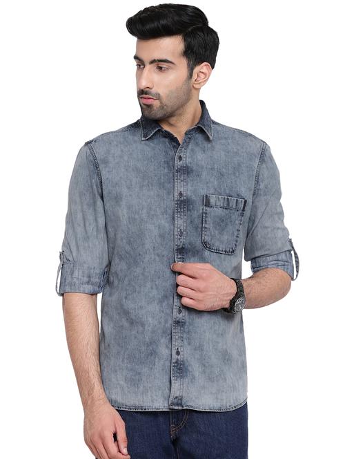 grey faded denim casual shirt - 16451336 - Standard Image - 1