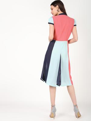 mandarin neck color block a-line dress - 16457130 - Standard Image - 4