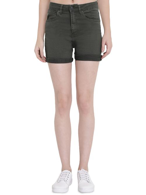 high rise solid denim shorts - 16459726 - Standard Image - 1