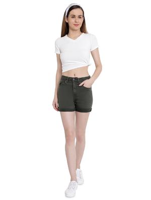 high rise solid denim shorts - 16459726 - Standard Image - 4