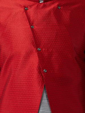 red woven silk blend sherwani set - 16480074 - Standard Image - 4