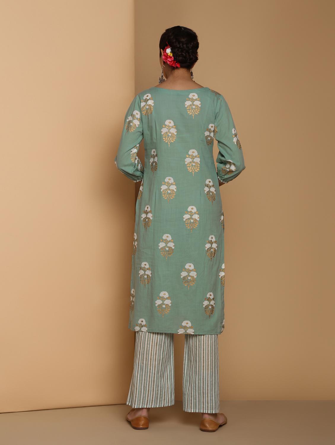 gold printed kurta with palazzo set - 16483199 - Zoom Image - 4