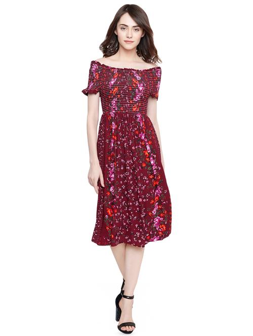 off shoulder smocked floral flared dress - 16483895 - Standard Image - 1