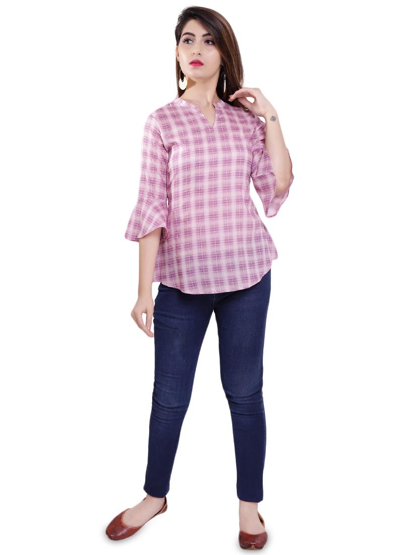 mandarin neck checkered top - 16498543 - Zoom Image - 4