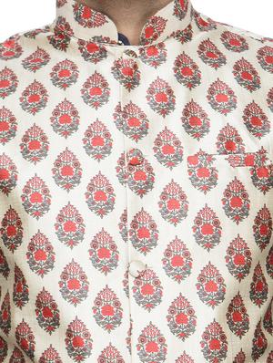 blue silk blend kurta pyjama set with beige printed nehru jacket - 16500272 - Standard Image - 4