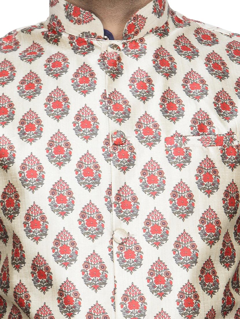 blue silk blend kurta pyjama set with beige printed nehru jacket - 16500272 - Zoom Image - 4