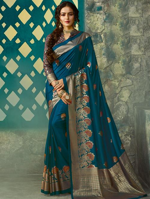floral motifs woven saree with blouse - 16503057 - Very Small Image - 1